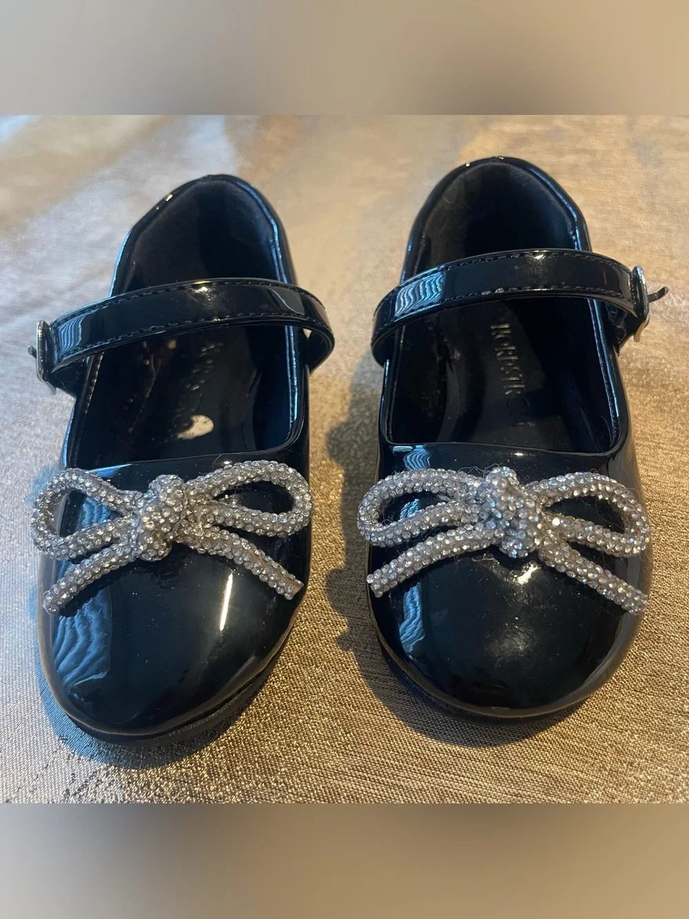 Black Patent Kids Mary Jane Shoes with Rhinestone Bow